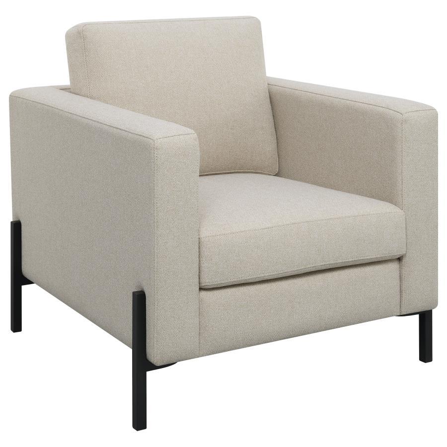Tilly Oatmeal Upholstered Track Arm Accent Chair with Herringbone Fabric, Modern Stylish Lounge Chair, Elevated Metal Legs, Comfortable and Durable