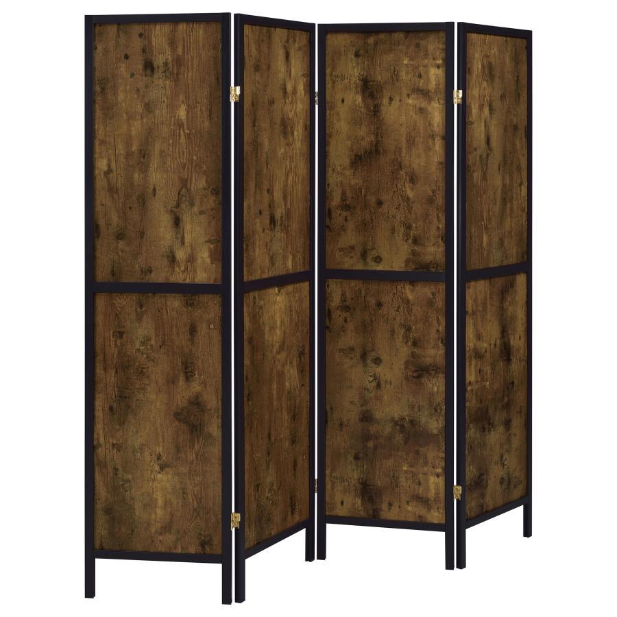 Deepika 4-Panel Room Divider Folding Screen – Rustic Nutmeg Wood with Exposed Grain, Metallic Hinges, Adjustable Privacy Partition for Living Spaces