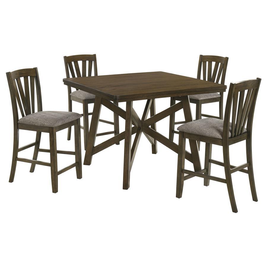 Canfield - 5 Piece Counter Height Dining Set With Brown Mindi Wood Table And Grey Upholstered Chairs - Stylish And Functional Kitchen Or Dining Set