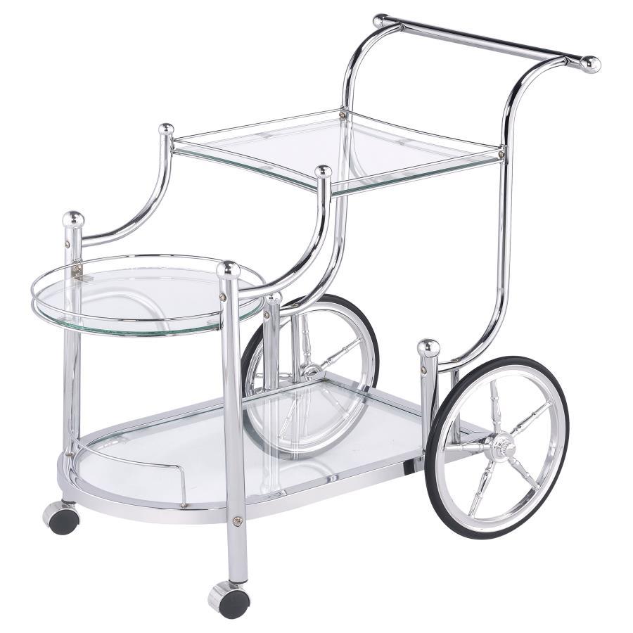 Sarandon 3-Tier Glass Shelf Metal Bar Cart in Chrome – Traditional Style Serving Cart with Tempered Glass Shelves, Rustic Wheels & Elegant Curves