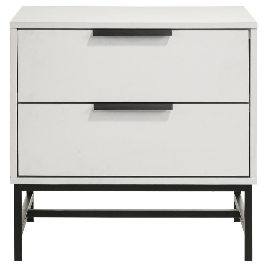Sonora 2-Drawer Nightstand Bedside Table – Modern White Bedroom Accent with Black Base, Slim Bar Pulls, Minimalist Design, and Practical Storage