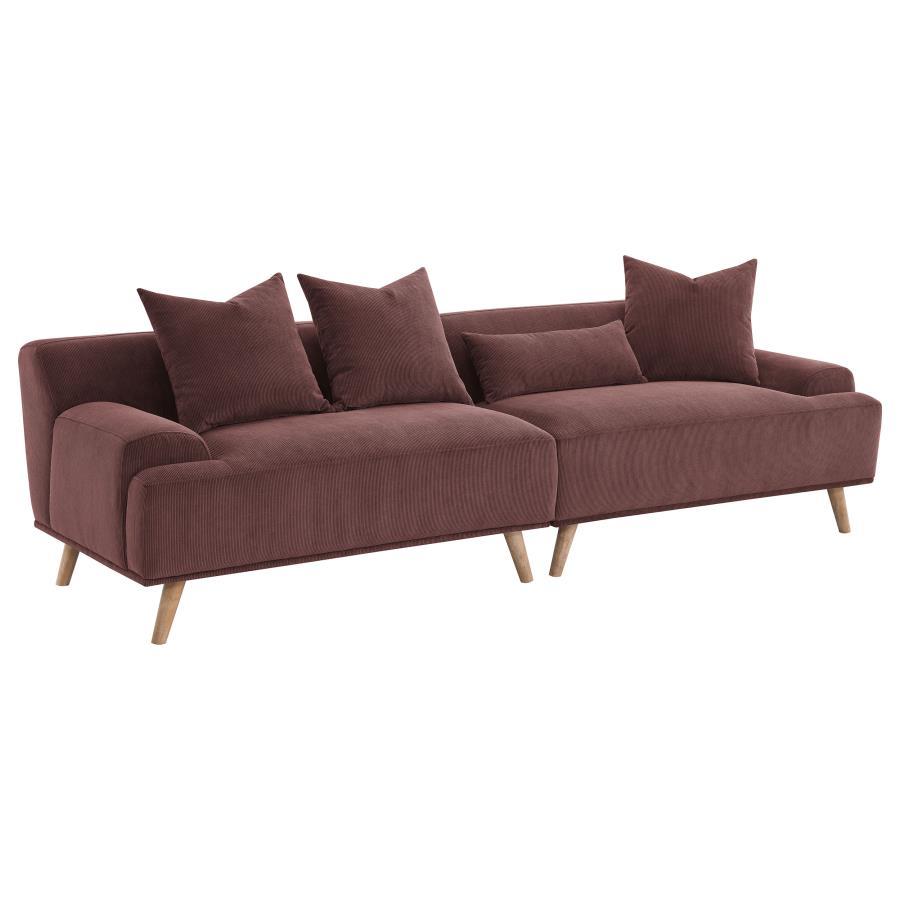 Elizabeth Corduroy Upholstered Extra Long Sofa – Wine Red, Mid-Century Modern Low-Profile Sectional, Includes Foam Cushions and Accent Pillows