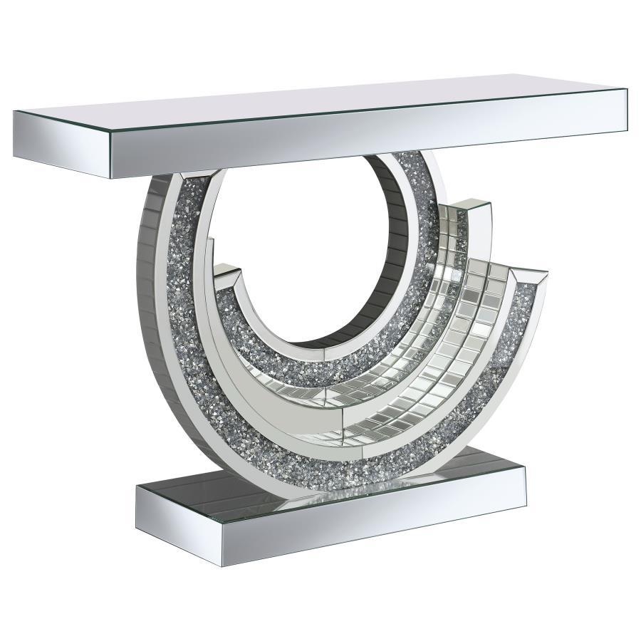 Imogen Sculptural Mirrored Entryway Console Table – Silver Finish, Curved Swirl Base with Grey Faux Gemstones, Glamorous 3D Design, Mirrored Top and Base