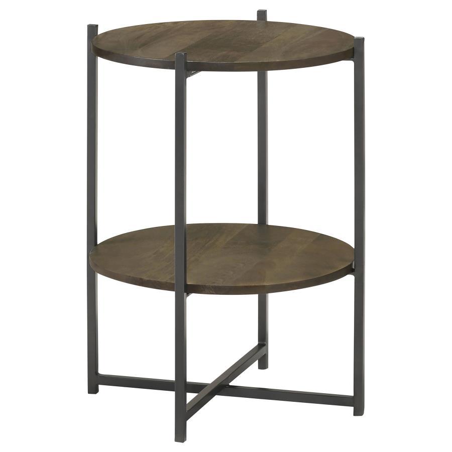 Axel Round Accent Table with Open Shelf – Natural Mango Wood Top, Gunmetal Iron Frame, Two-Tier Side Table, Nightstand or Plant Stand for Modern Interiors