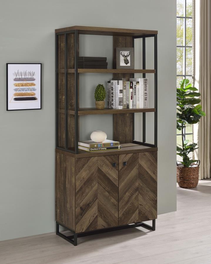 Millbrook - 2 Door Storage Bookshelf in Rustic Oak – Industrial Gunmetal Frame, Adjustable Shelves, Open Display, Modern Farmhouse Style