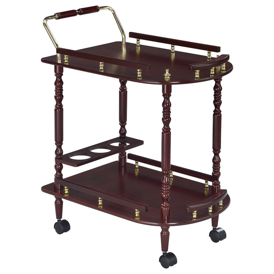 Palmer 2-Tier Rectangular Wood Bar Cart in Merlot – Traditional Style with Bottle Holder, Spacious Shelves & Brash-Finish Metal Accents