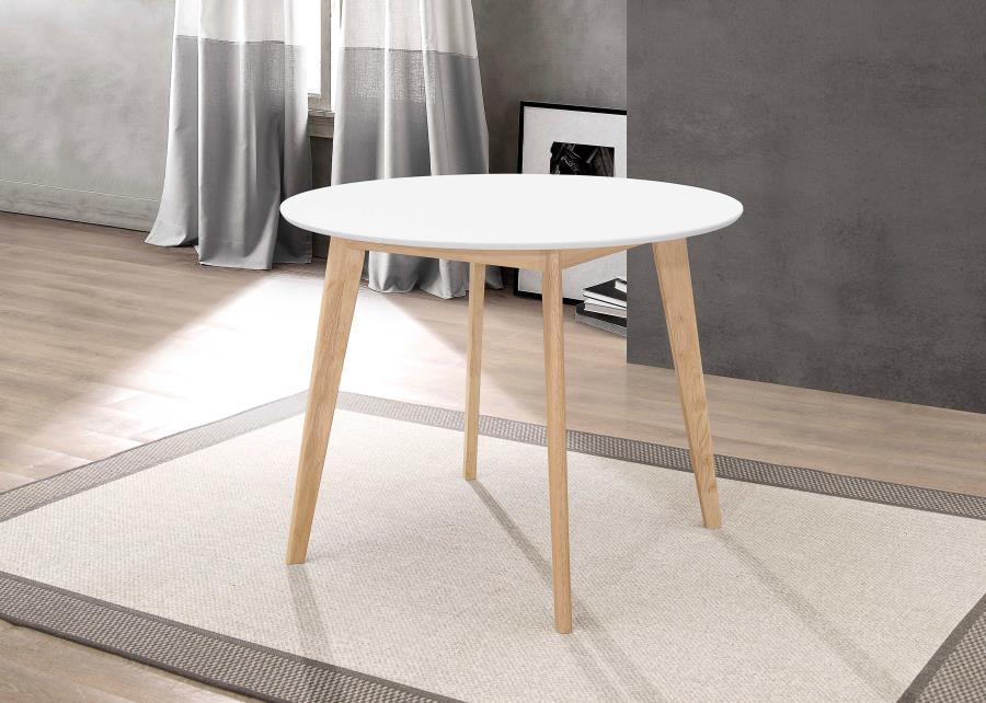 Breckenridge Round Dining Table – Matte White Top with Natural Wood Base, Mid-Century Modern Angled Legs, Metal & Solid Wood Construction