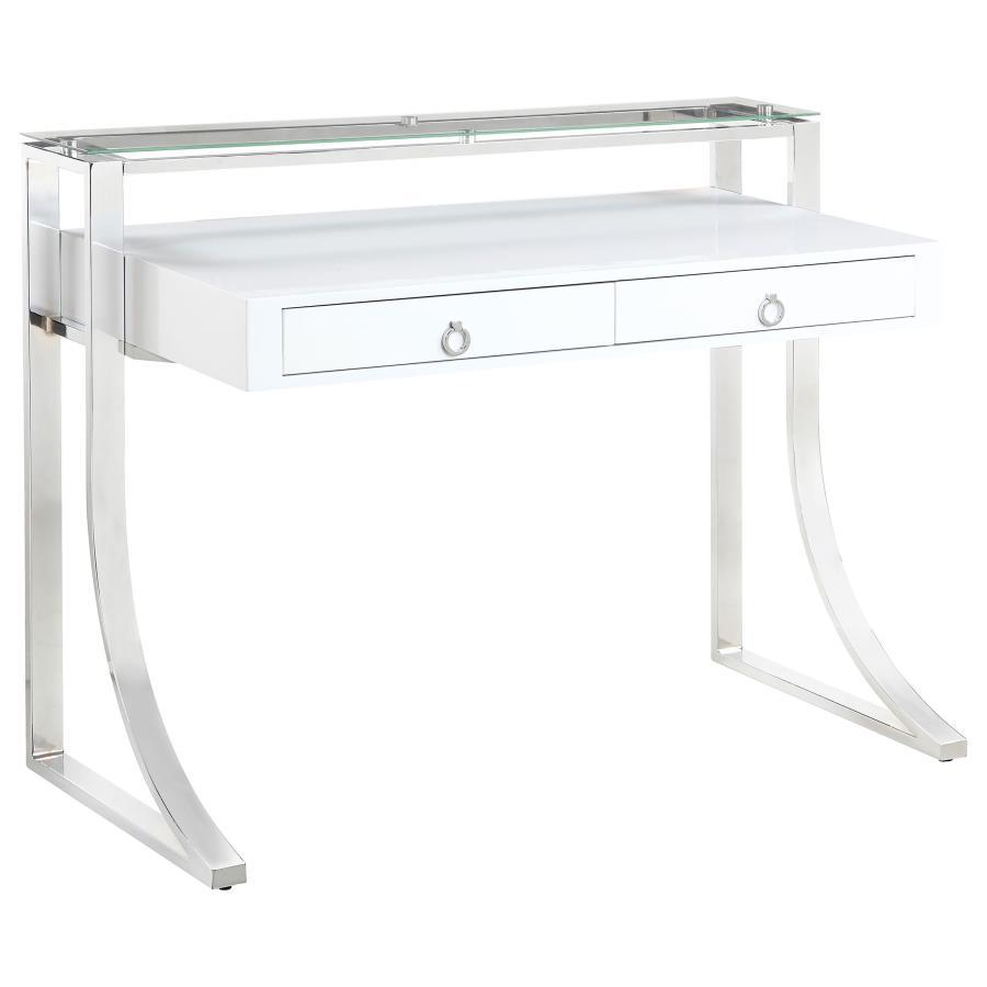 Gemma 2-Drawer Writing Desk – Contemporary White High Gloss Surface with Chrome Legs, Felt-Lined Drawers, Full Extension Glides, Home Office Desk