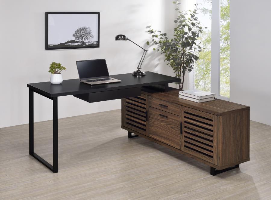 Maddox 60" x 60" L-Shape Office Computer Desk in Black with Storage Credenza, Adjustable Shelves, and Metal Legs – Modern Executive Design