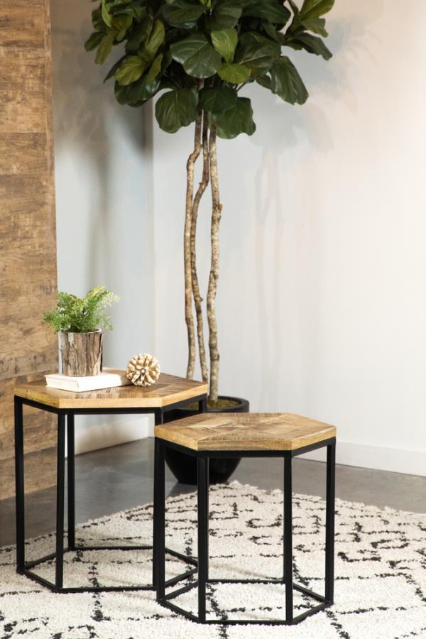 Adger 2-Piece Hexagonal Nesting Tables – Solid Mango Wood Tops, Black Metal Frames, Modern Industrial Accent Tables for Living Room or Lounge