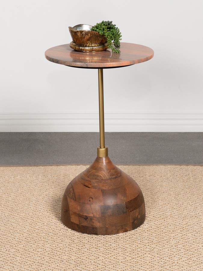 Colima Round Wood Top Accent Side Table in Peach – Mango Wood Base with Gold Metal Frame, Marble-Inspired Surface for Living Room & Entryway