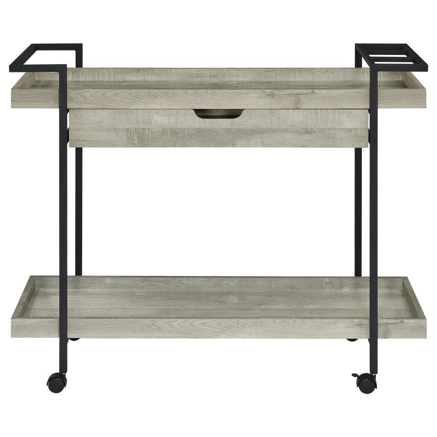 Ventura 1-Drawer Engineered Wood Bar Cart in Gray Driftwood – Mobile Modern Farmhouse Beverage Cart with Tray Top, Shelf & Smooth Casters
