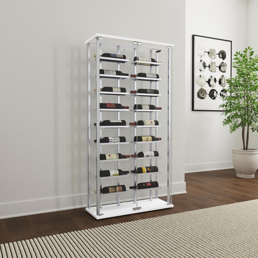Montara Tempered Glass Wine Storage LED Curio Cabinet – Chrome Modern Home Bar with Touch-Activated Lighting, Two Glass Doors, and Bottle Display