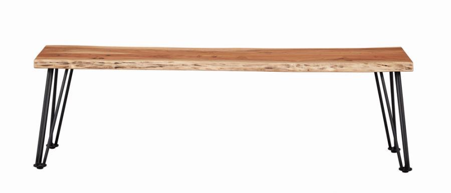 Sherman Wood Dining Bench in Natural Acacia – Rustic Industrial Design with Gunmetal Hairpin Legs, Rectangular Seating for Kitchen or Dining Room