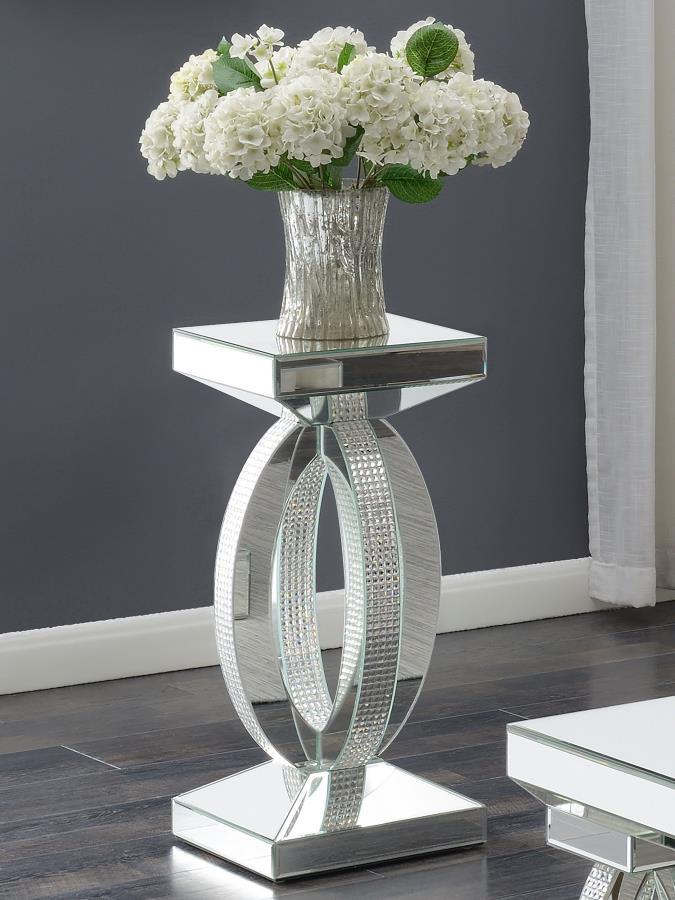 Amalia Square Mirrored Acrylic Crystal Side End Table – Silver, Modern Sculptural Accent Table with Rhinestone Details for Living Room