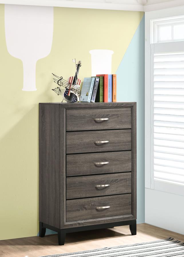 Watson 5-Drawer Bedroom Chest in Gray Oak – Mid-Century Modern Storage with Tapered Legs, Metallic Half-Moon Pulls, and Stylish Wooden Drawers