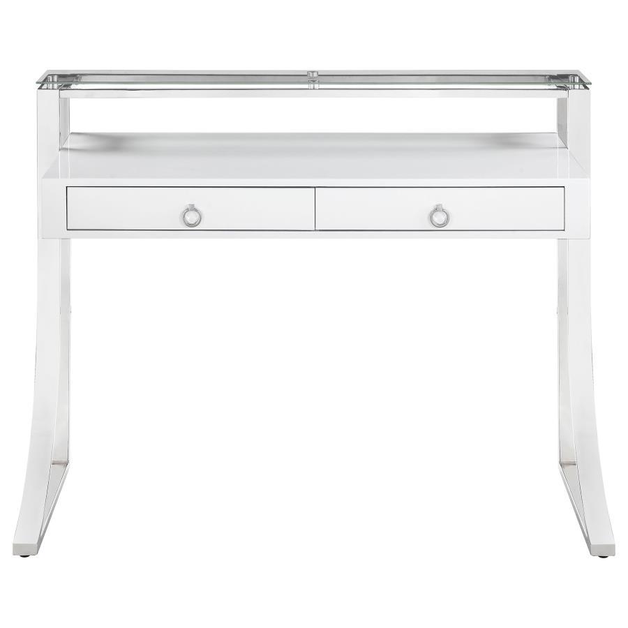 Gemma 2-Drawer Writing Desk – Contemporary White High Gloss Surface with Chrome Legs, Felt-Lined Drawers, Full Extension Glides, Home Office Desk