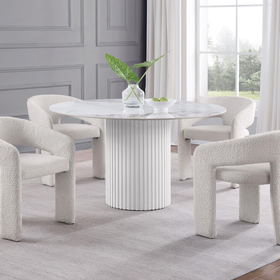 Acadia Round Dining Table with Sintered Stone Top – White Marble-Effect Surface, Modern Pedestal Base with Vertical Reeded Details for Stylish Dining