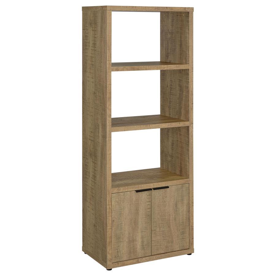 Tabby 3-Shelf Engineered Wood Media Tower – Mango Finish, Open Display Shelves, Hidden Cabinet Storage, Black Pull Handles, Living Room Organizer