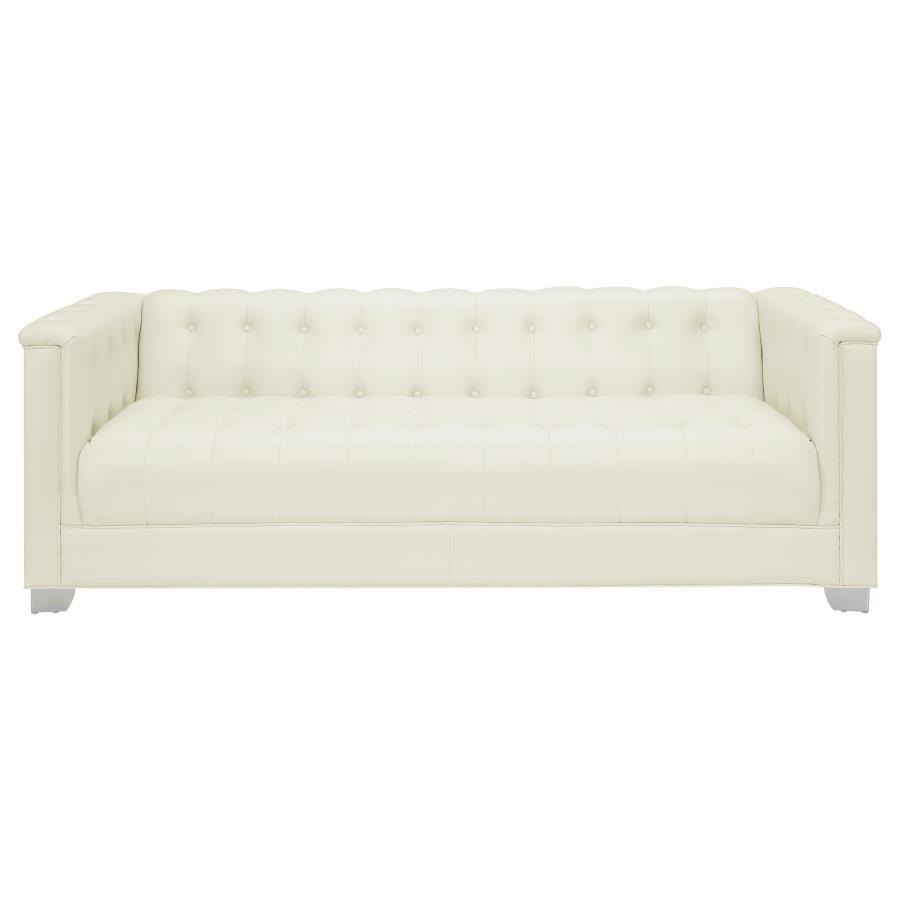 Chaviano Upholstered Track Arm Sofa in Pearl White Leatherette with Chrome Tufted Detailing, Modern Glam Living Room Statement Seating