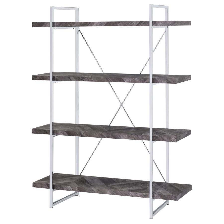 Grimma - 4-Shelf Bookshelf in Rustic Gray and Chrome – Industrial-Modern Display with X-Back Support, Open Shelves, and Durable Engineered Wood Frame