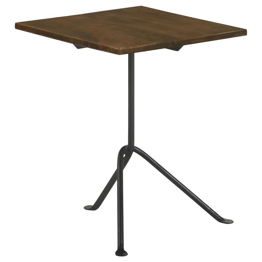 Heitor Square Wood Top Accent Side Table – Dark Brown Industrial Tripod Base, Eco-Friendly Mango Wood, Compact Nightstand & Modern Living Space Accent