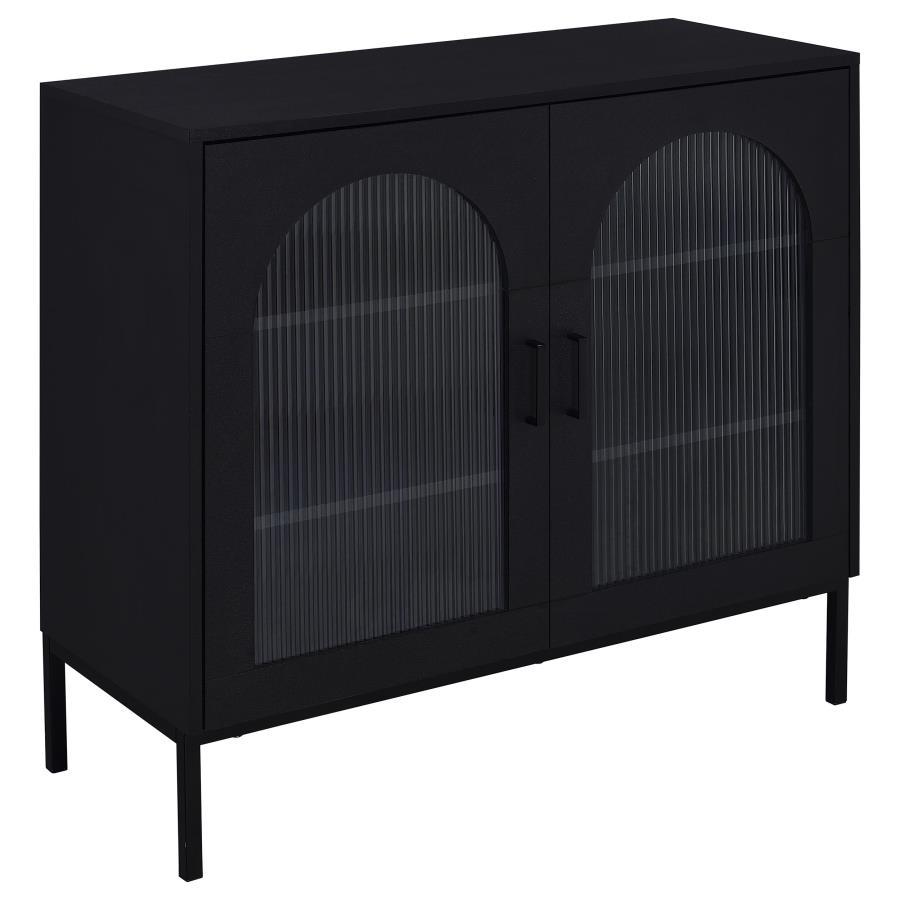 Jess 2-Door Arched Fluted Glass Accent Cabinet – Black Modern Sideboard with Adjustable Shelves, Tempered Glass Doors, and Sleek Metal Legs