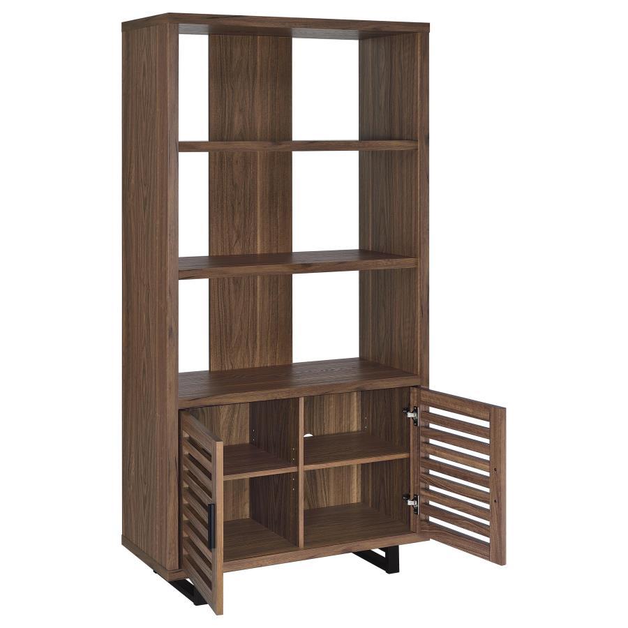 Maddox - 3-Shelf Cabinet Bookcase in Walnut – Modern Storage with Slatted Doors, Open Shelves, and Durable Scratch-Resistant Melamine Finish