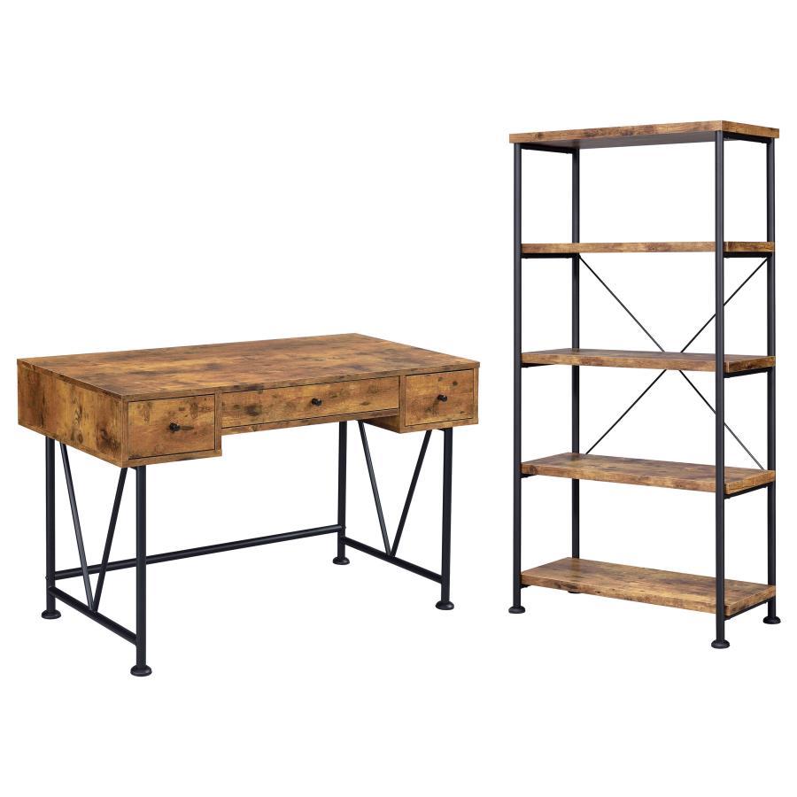 Analiese 2-Piece Computer Desk and Bookcase Set – Rustic Nutmeg Finish with Black Metal Frame, 3-Drawer Desk and 4-Shelf Bookshelf for Home Office