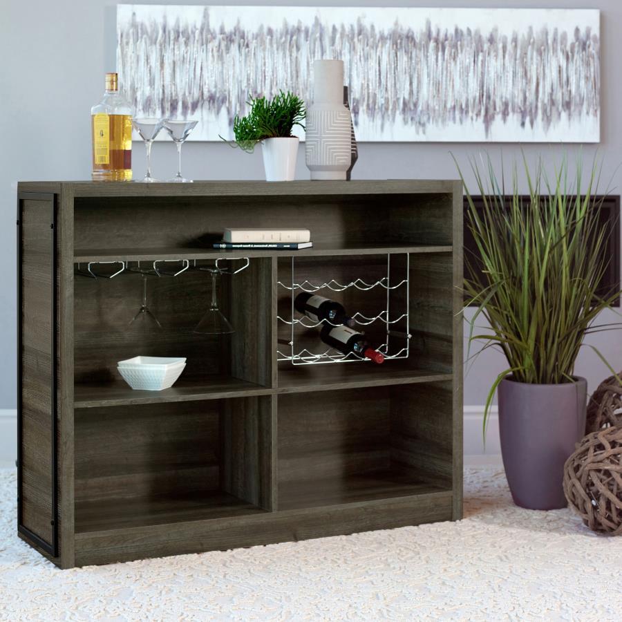 Joe 5-Shelf Composite Wood Home Bar Wine Cabinet – Aged Oak Finish with Stemware Racks, Metal Footrest, Rustic Style for Entertaining & Storage