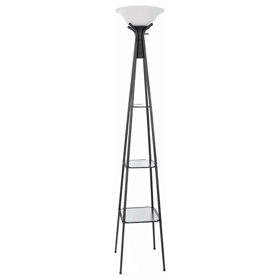 Gianni - 3-Shelf Frosted Torchiere Floor Lamp in Black – Modern Geometric Design with Frosted Glass Shade, Clear Glass Shelves, Three-Way Switch