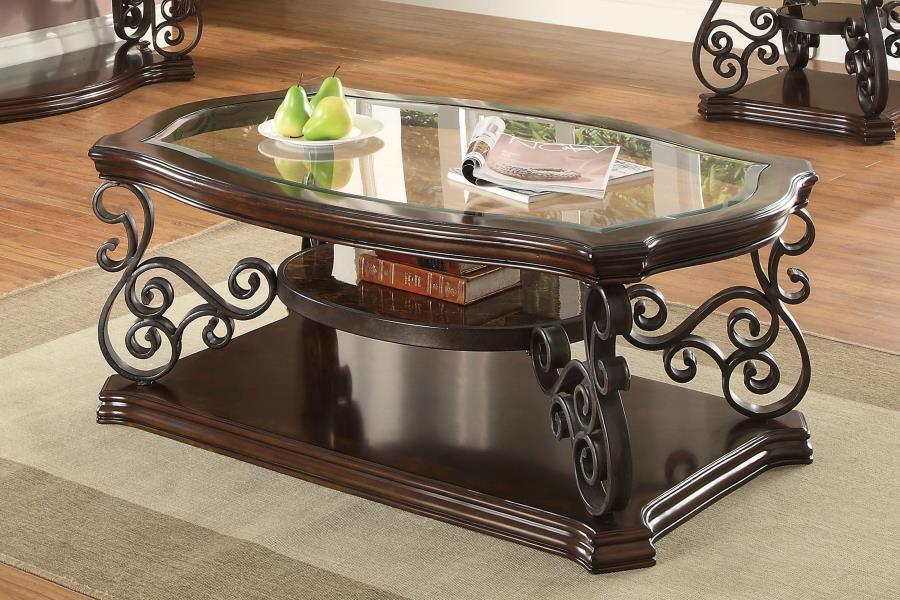 Laney 1-Shelf Glass Top Rectangular Coffee Table - Deep Merlot Wood Finish, Tempered Glass, Metal Scrollwork & Lower Display Shelf