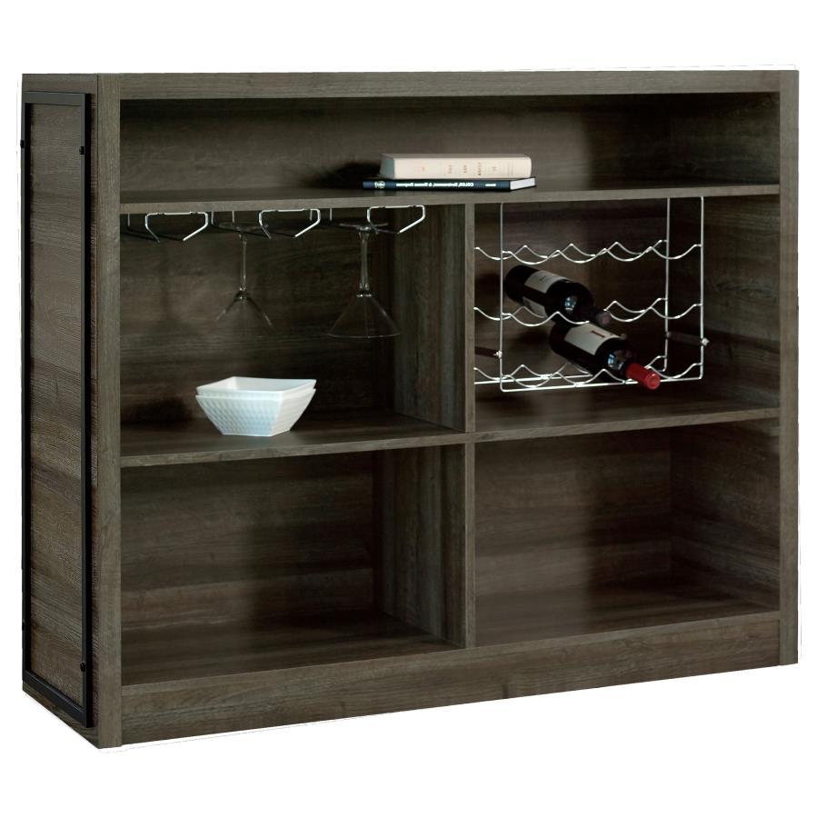 Joe 5-Shelf Composite Wood Home Bar Wine Cabinet – Aged Oak Finish with Stemware Racks, Metal Footrest, Rustic Style for Entertaining & Storage