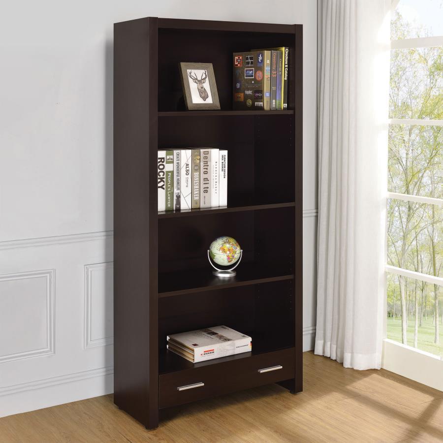Skylar 5-Shelf Bookcase with Drawer in Cappuccino Finish, Engineered Wood Construction, Adjustable Shelves, Office and Living Room Storage Organizer