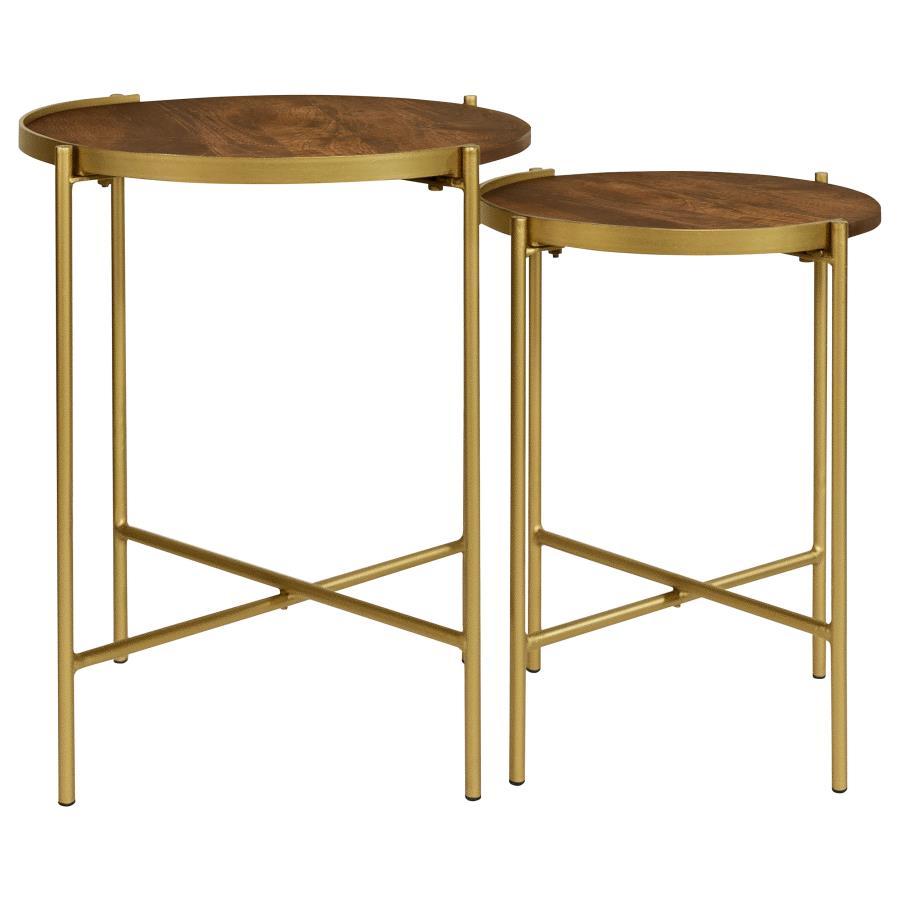 Malka 2 Piece Round Wood Nesting Tables – Dark Brown Mango Wood Tops with Gold Iron X-Frame Bases, Compact Modern Side Tables for Living Room or Lounge