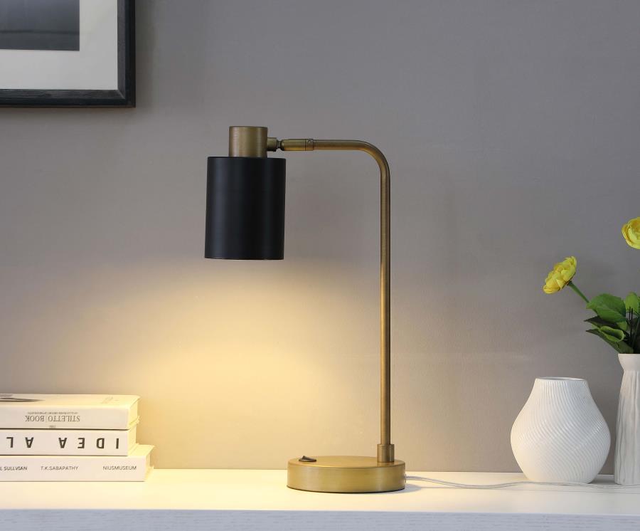 Cherise Adjustable Angle Table Lamp – Antique Brass Metal Finish with Matte Black Shade, LED 2W Bulb, Energy-Efficient Task Lighting for Desk or Nightstand