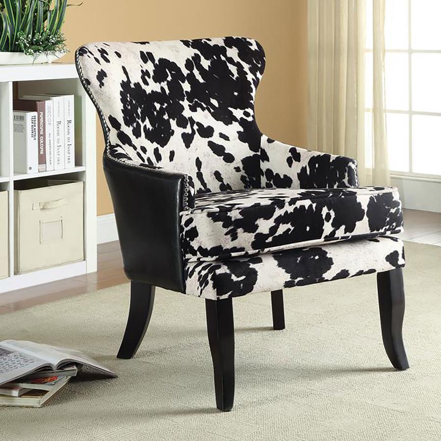 Trea Cowhide Print Upholstered Accent Chair – Black and White Microfiber and Leatherette with Curved Espresso Legs, Modern Statement Seating