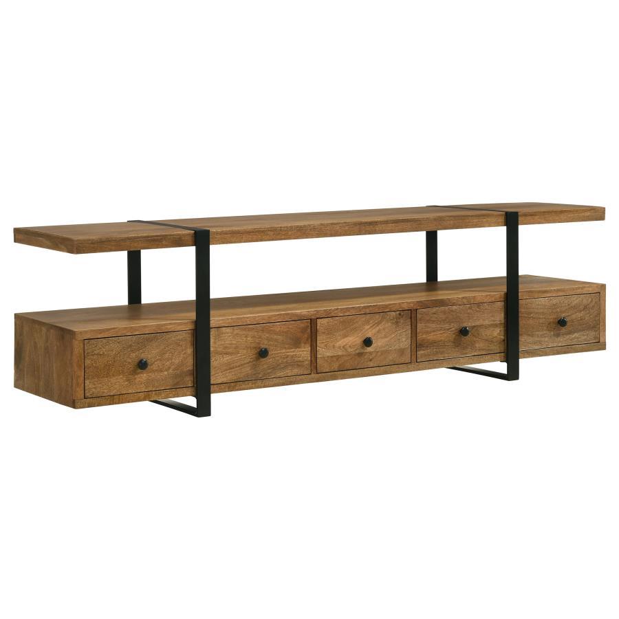 Otto 5-Drawer Mango Wood TV Stand Media Console in Brown with Gunmetal Legs, Floating Shelf, Contemporary Storage for TVs up to 75", Modern Living Room