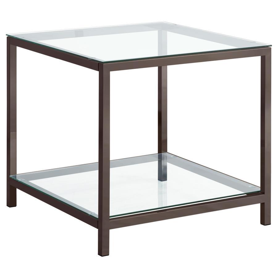 Trini 1-Shelf Glass Top Side End Table in Black Nickel – Modern Square Tempered Glass Accent Table with Open Metal Frame and Storage Shelf