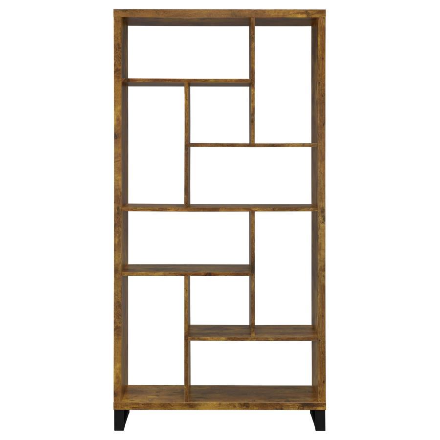 Delwin 6-Shelf Bookshelf – Rustic Nutmeg Finish with Antique Black Accents, Versatile Square and Rectangular Shelves for Books, Décor, and Plants