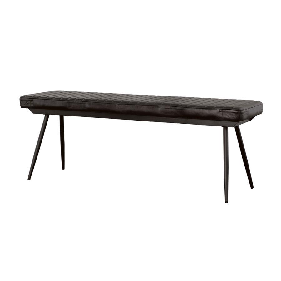 Misty Leather Upholstered Dining Bench – Hand-Dyed Goat Leather, Industrial Metal Base, Vertical Tufting, Antique Espresso, 54"W x 15"D