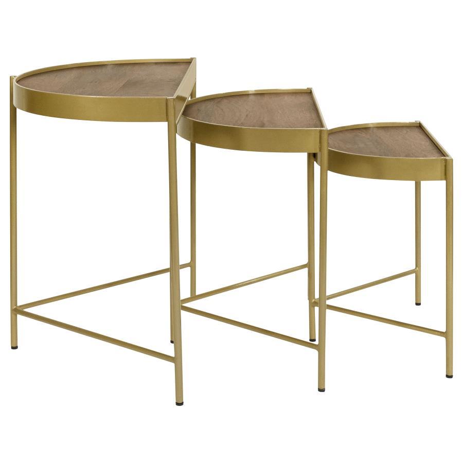 Tristen 3-Piece Demilune Nesting Table Set – Brown and Gold Half-Moon Mango Wood Tables with Chic Gold Iron Frames for Living Room or Entryway
