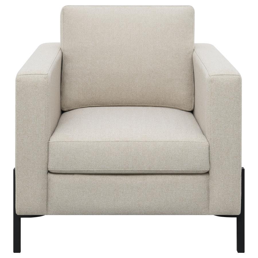 Tilly Oatmeal Upholstered Track Arm Accent Chair with Herringbone Fabric, Modern Stylish Lounge Chair, Elevated Metal Legs, Comfortable and Durable
