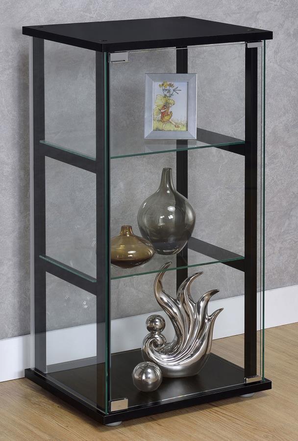 Cyclamen 3-Shelf Clear Glass Curio Display Cabinet in Black – Modern Tempered Glass Shelving with Push-to-Open Doors for Elegant Home Decor