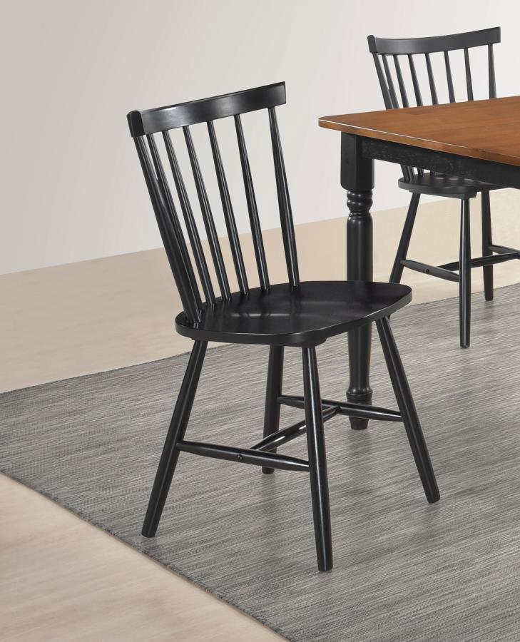 Hollyoak 2-Piece Windsor Wood Dining Side Chairs - Black Finish, Spindle Back, Contoured Seat, Flared Legs, Classic Cottage & Farmhouse Style