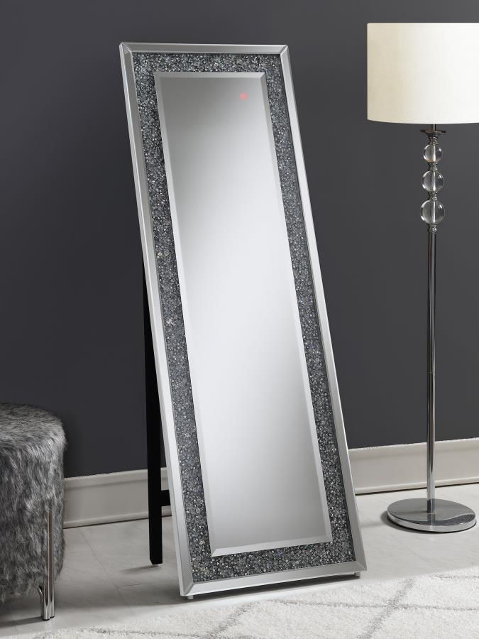 Carisi Crystal Acrylic Standing Mirror – Silver Frame with LED Lighting, 21.75"W x 25.5"D x 61.25"H, Modern Full-Length Accent for Bedroom or Foyer