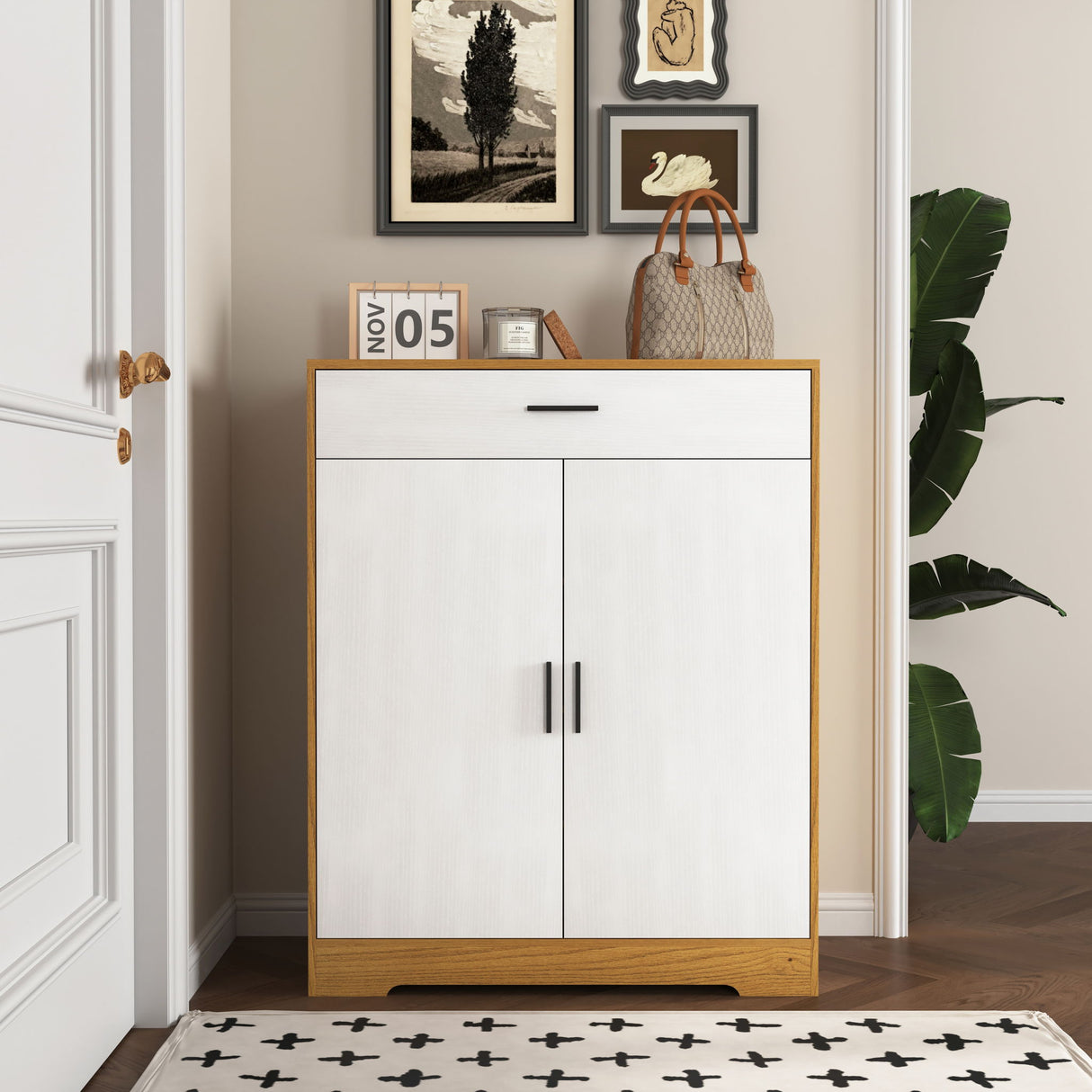 Freestanding Wooden Shoe Cabinet, 4 Tier Organizer With Drawer