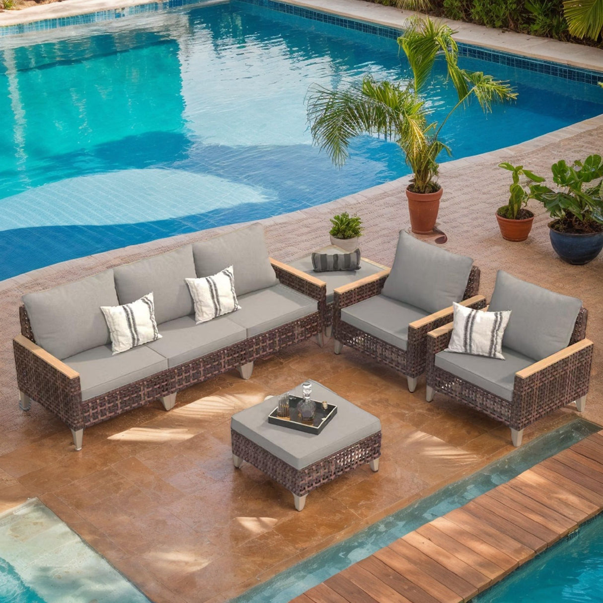 5 Piece Rattan Terrace Furniture Set, 7 Seats Cushions, High Footed Design