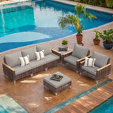 5 Piece Rattan Terrace Furniture Set, 7 Seats Cushions, High Footed Design
