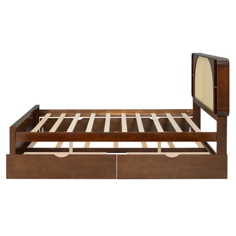 Queen Size Headboard Bed With 2 Drawers And Trundle Walnut